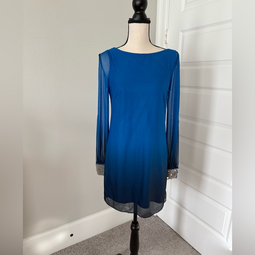 by & by Royal Blue Long Sleeve Party Dress with Beaded Cuffs
